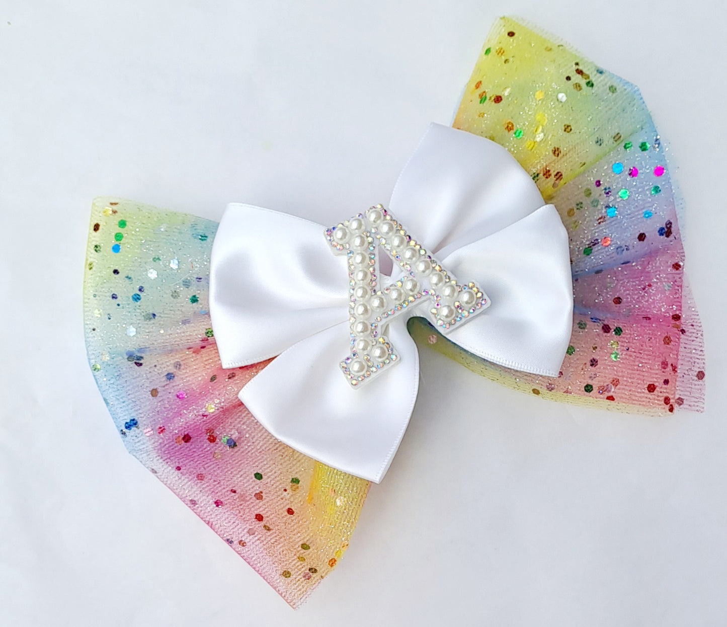 🎀Large Satin Bow With Rainbow Glitter Tulle Initial Clip🎀(Choose Letter)