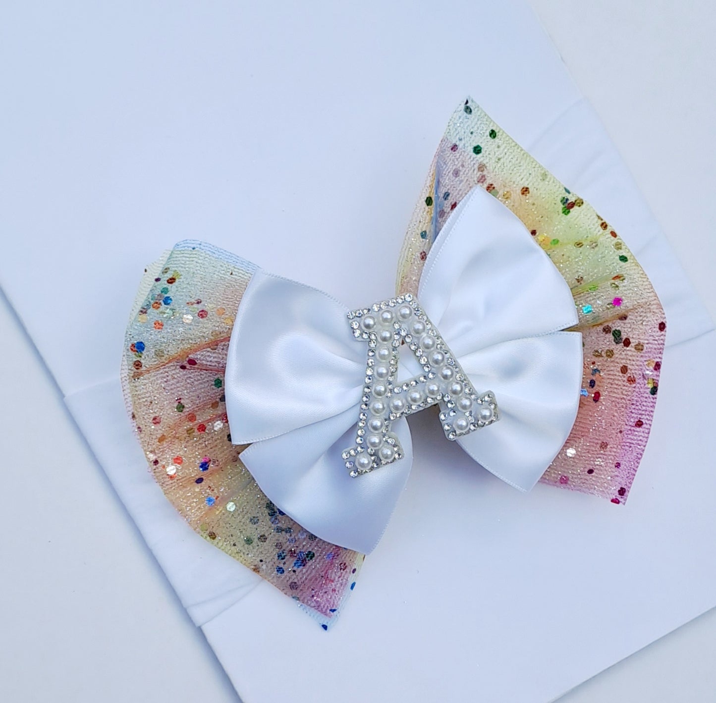 ๐Large Satin Bow With Rainbow Glitter Tulle Initial Headband ๐(Choose Letter)