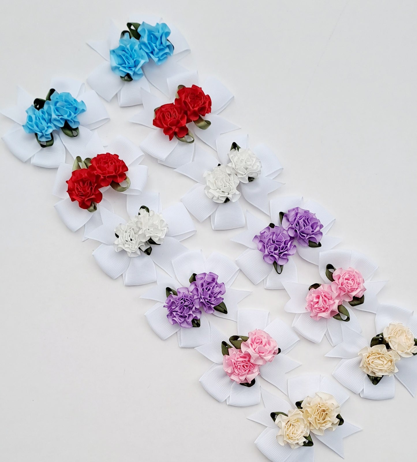 🎀2pc(Pair)Pigtail White Bow Clips With Satin Flowers🎀6 Colours Available