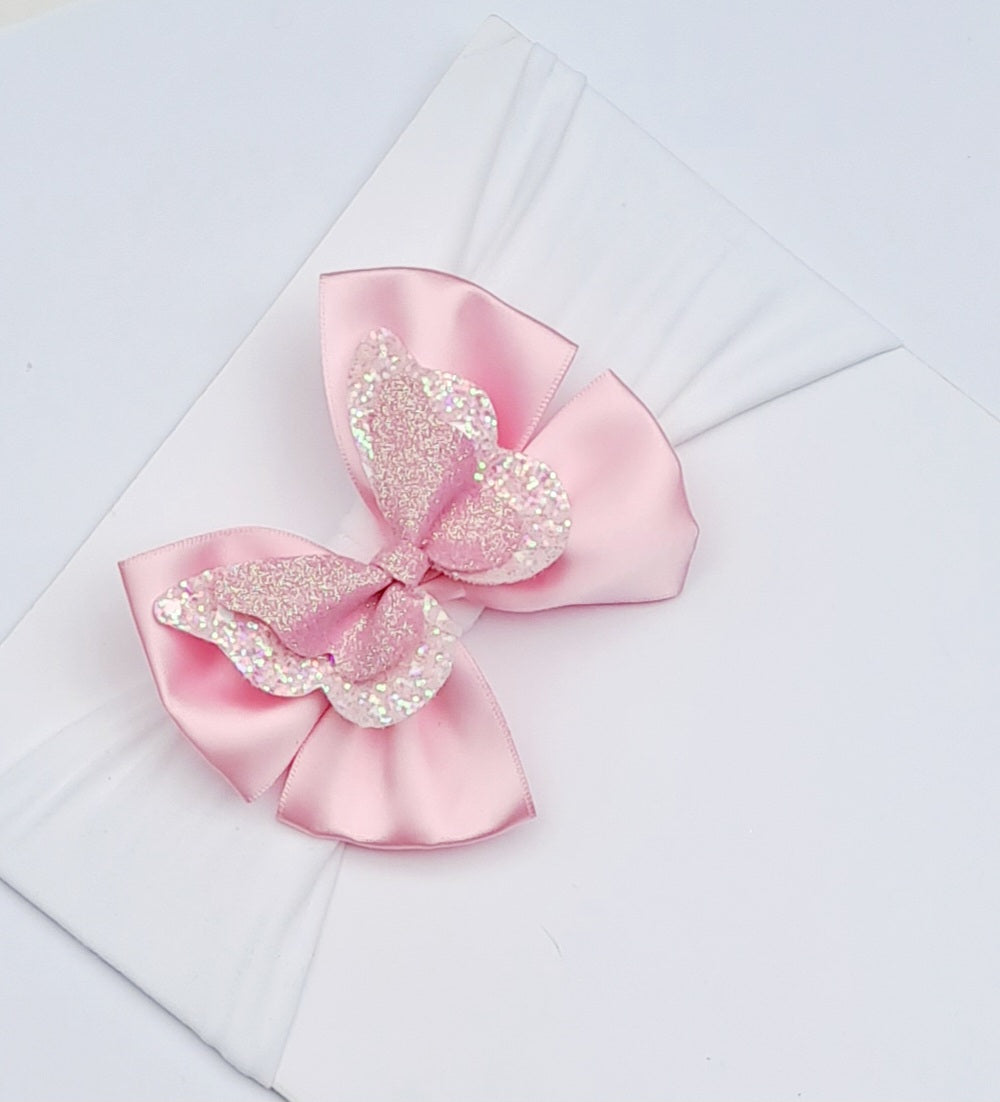 🎀Pink Satin Bow,Pink Glitter Butterfly Centre Headband🎀