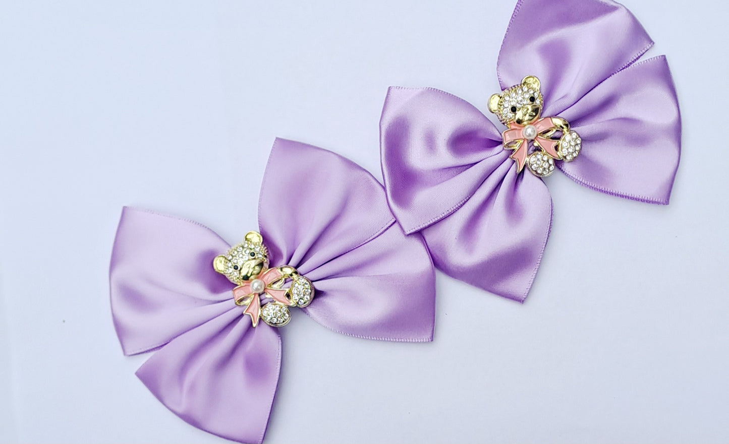 ๐2pc Satin Bow Clip Sets With Adorable Rhinestone Bear๐ Choose Colour