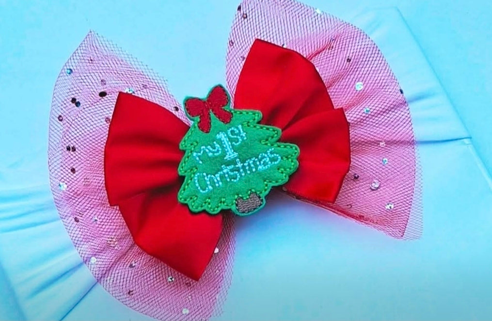 ๐Large Satin/Tulle 1st Christmas Bow Headband ๐