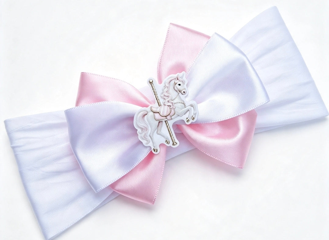๐Pink/White Satin Bow With Carousel Horse Centre ๐ Available On Headband Or Clip