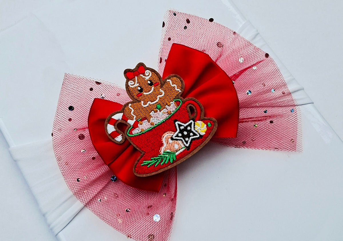 🎀Large Satin/Tulle Gingerbread Christmas Bow🎀 Available On Headband Or Clip