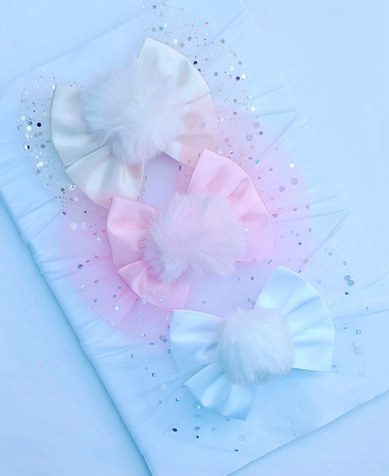 🎀Satin Bow Fluffy Pom Pom Headband Or Clip🎀