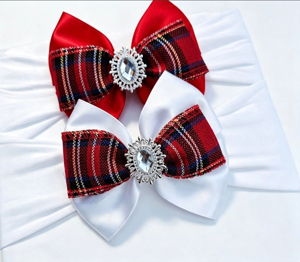 🎀Satin With Tartan Detail Bows🎀 Available On Headband Or Clips