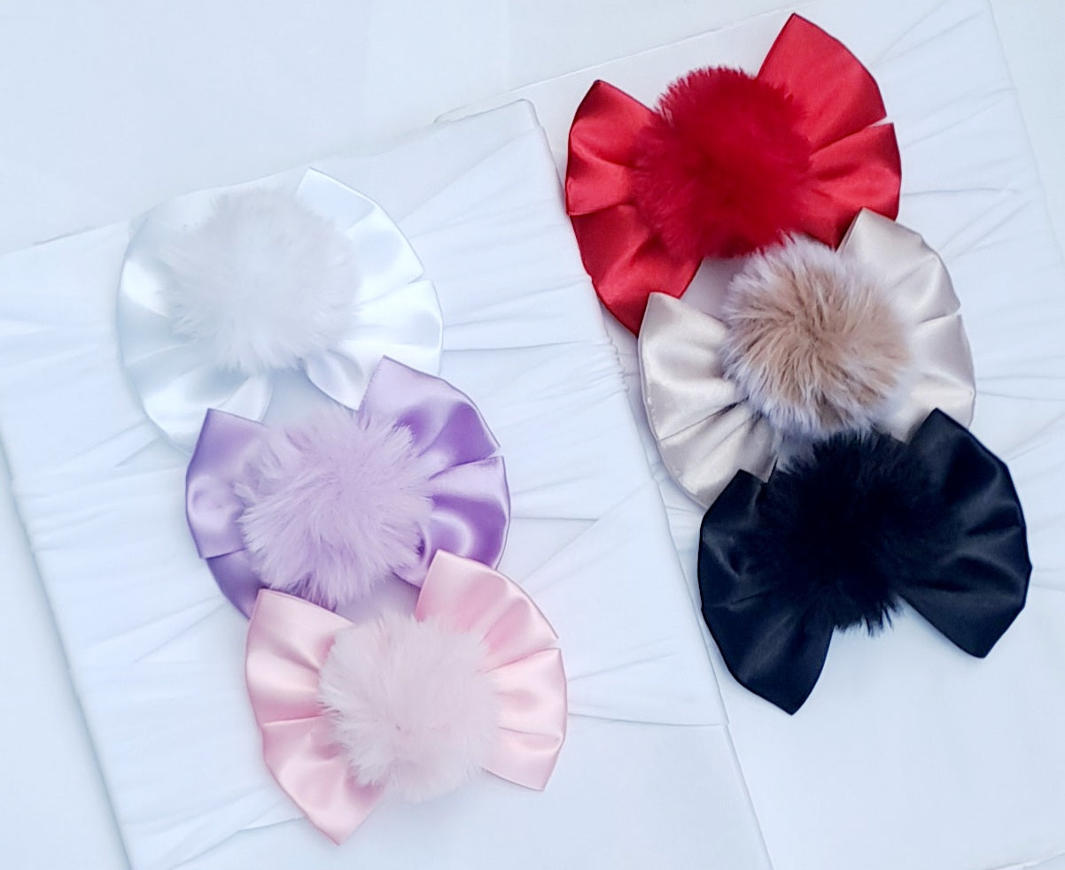 🎀Fluffy Pom Pom Satin Bow🎀(Available On Headbands Or Clips)