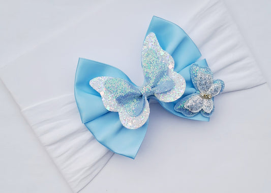 🎀Blue Satin Bow,Blue Glitter Butterfly Centre Headband🎀