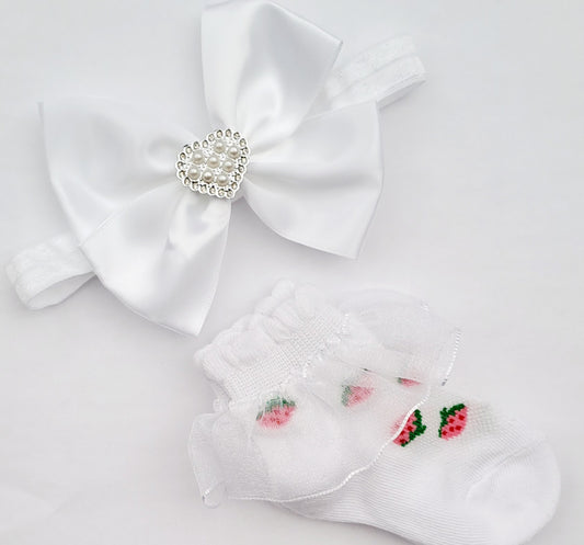 🍓White Satin Bow Headband/Sock Set🍓3-6 Months