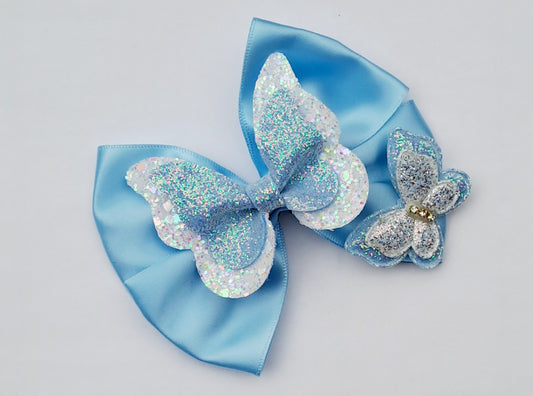 🦋Blue Satin Bow With Glitter Butrerfly Centre Clip🦋