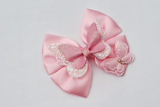 🦋Pink Satin Bow With Glitter Butrerfly Centre Clip🦋