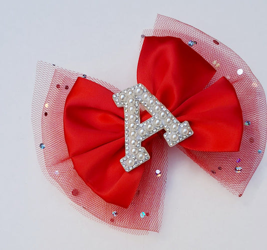 🎀Large Satin Bow With Glitter Tulle Initial Clip🎀(Choose Letter)