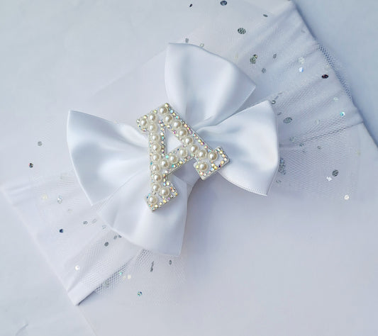 🎀 Large White Glitter Tulle Satin Bow Initial Headband🎀Choose Letter