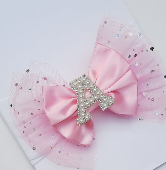 🎀Large Satin Bow With Glitter Tulle Initial Headband 🎀(Choose Letter)