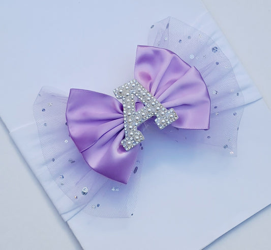 🎀 Large Lilac Glitter Tulle Satin Bow Initial Headband🎀Choose Letter