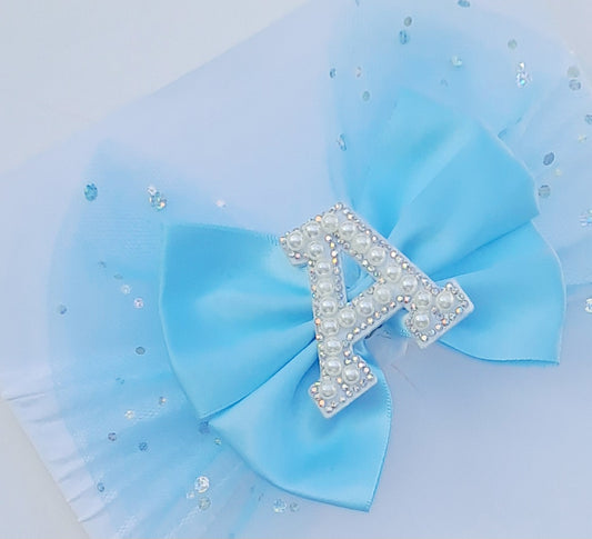 🎀 Large Blue Glitter Tulle Satin Bow Initial Headband🎀Choose Letter