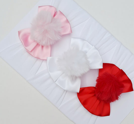 🎀3pc Satin Bow Fluffy Pom Pom Headband Set