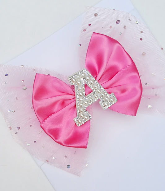 🎀 Large Fuchsia Pink Glitter Tulle Satin Bow Initial Headband🎀Choose Letter