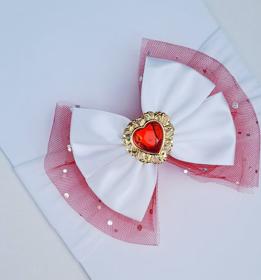 🎀 Large White/Red Glitter Tulle Satin Bow Headband 🎀