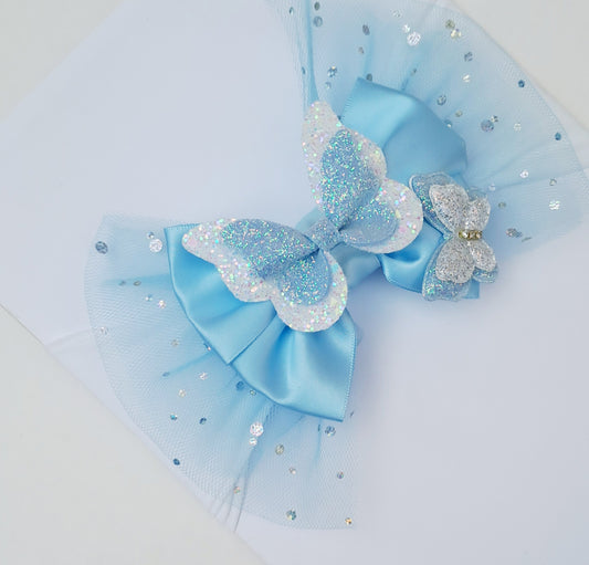 🎀Large Blue Satin/Glitter Tulle Butterfly Bow Headband 🎀