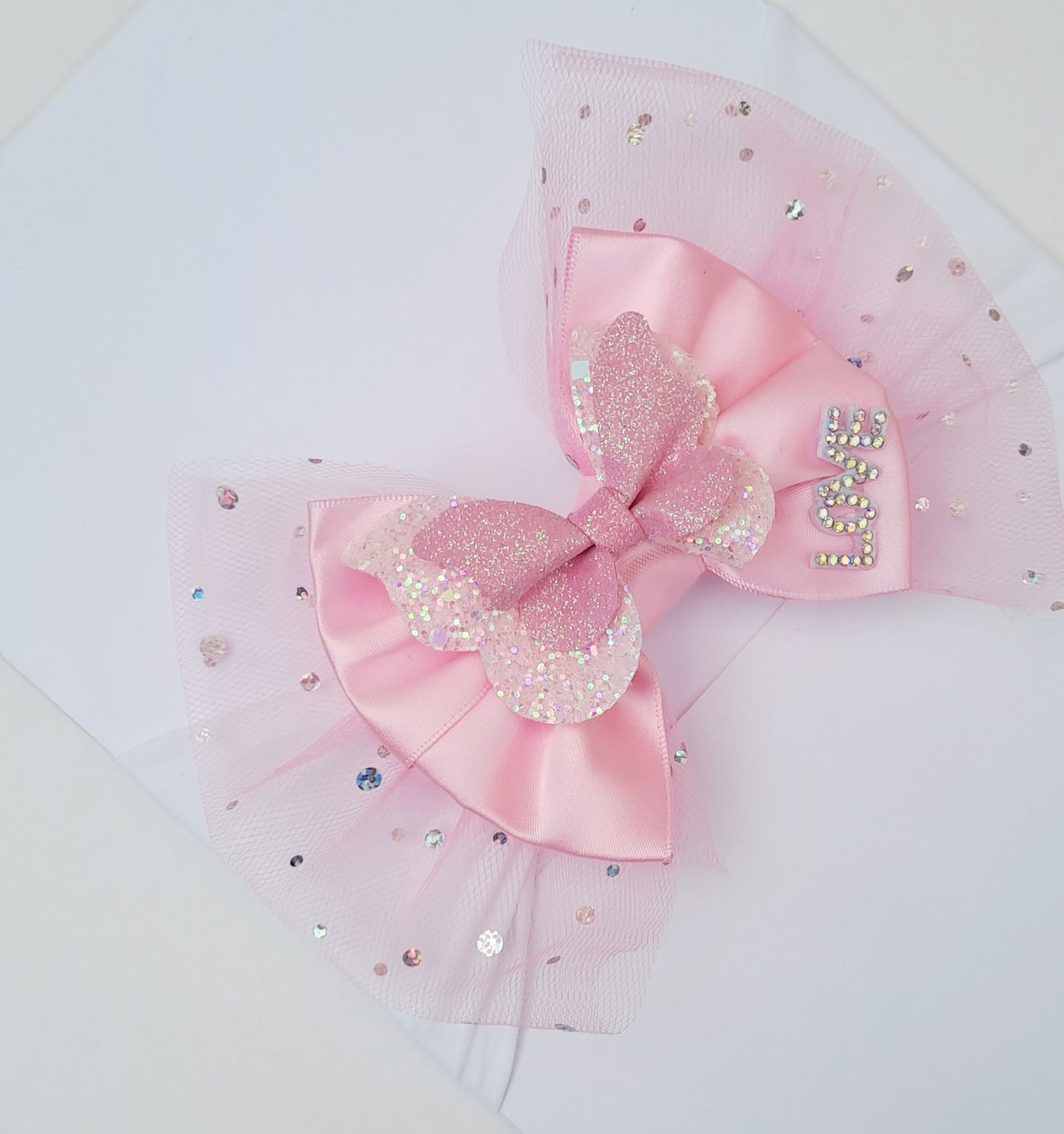 🎀Large Pink Satin/Glitter Tulle Butterfly Bow Headband 🎀