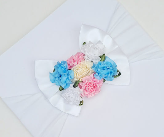 🎀White Satin Bow With Coloured Satin Flowers Headband🎀