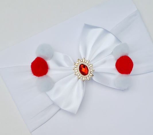 🎀White Satin Bow Headband With Pom Pom Detail 🎀