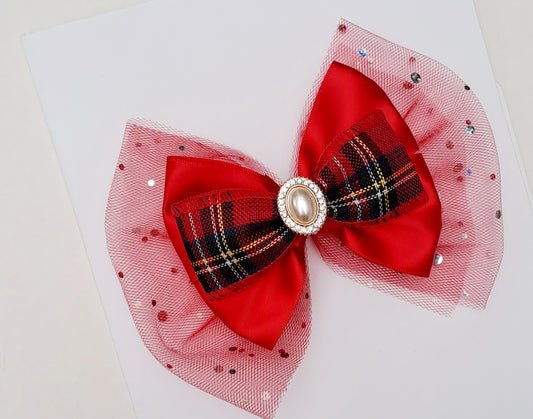 🎀Large Red Satin And Tulle With Tartan Detail Clip🎀