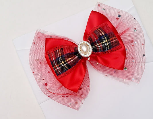 🎀Large Red Satin And Tulle With Tartan Detail Headband 🎀