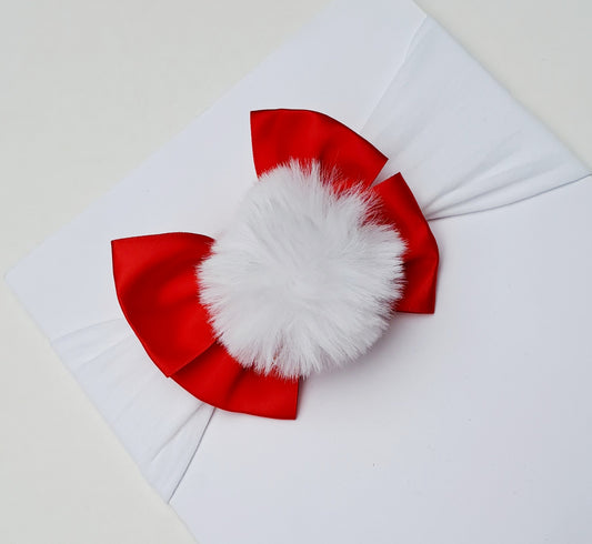 🎀Red Satin Bow With White Pom Pom Headband 🎀
