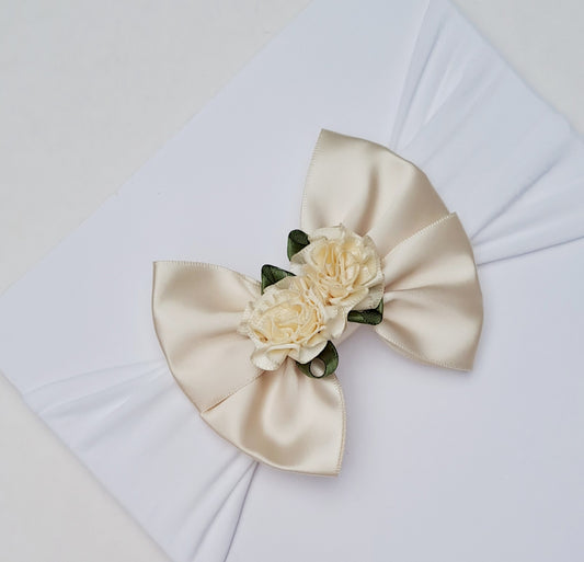 🎀Ivory Satin Bow With Satin Roses Baby Headband 🎀