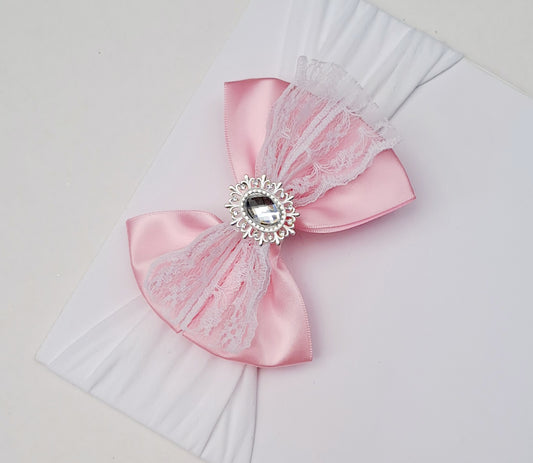 🎀Pink Satin Bow Headband With Lace and Silver Gem🎀