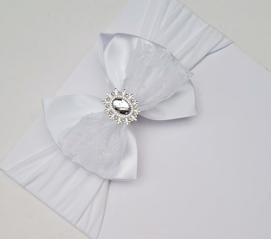 🎀White Satin Bow Headband With Lace and Silver Gem🎀