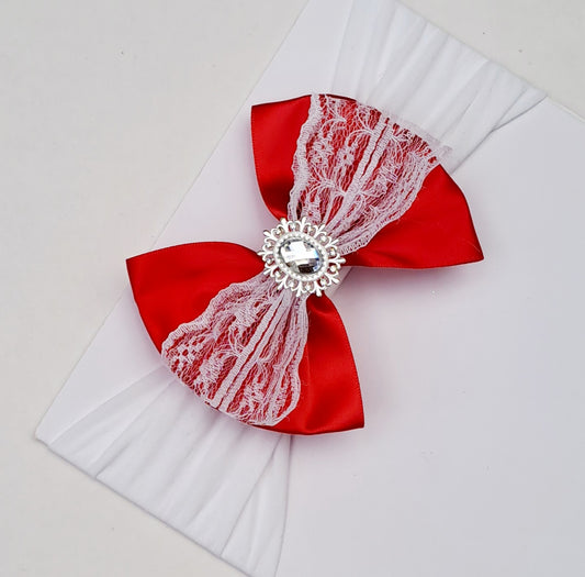 🎀Red Satin Bow Headband With Lace and Silver Gem🎀