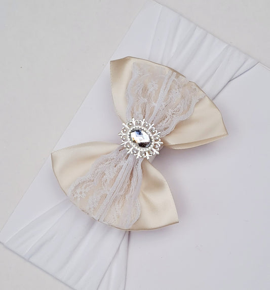 🎀Ivory Satin Bow Headband With Lace and Silver Gem🎀