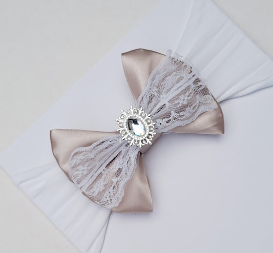 🎀Beige Satin Bow Headband With Lace and Silver Gem🎀