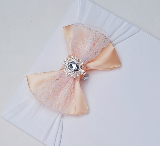 🎀Peach Satin Bow Headband With Lace and Silver Drop Gem🎀