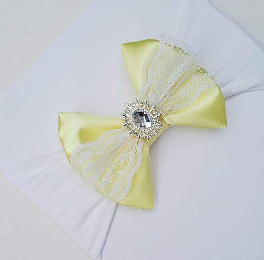 🎀Yellow Satin Bow Headband With Lace and Silver Gem🎀