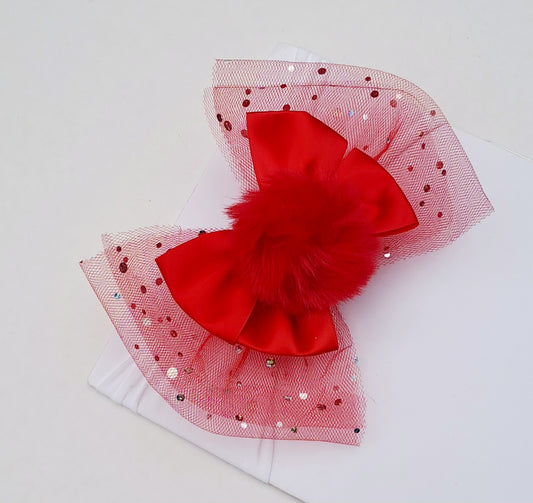 ❤️Valentines 🎀Red Satin/Tulle Pom Pom Headband 🎀