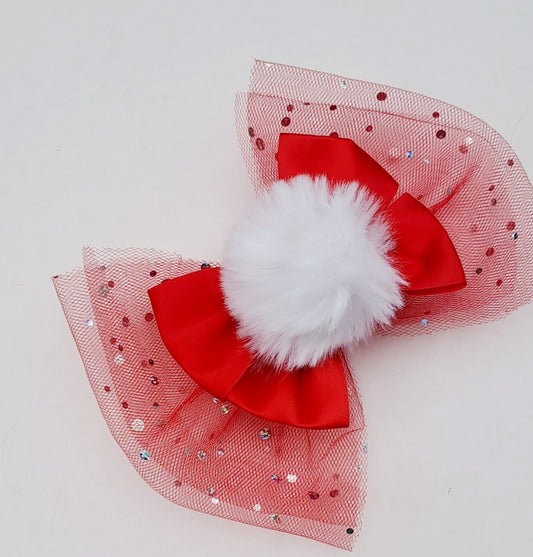 🎀Red Satin/Tulle Pom Pom Clip 🎀