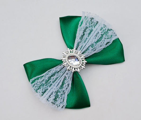 🎀Green Satin Bow Clip With Lace And Silver Gem 🎀