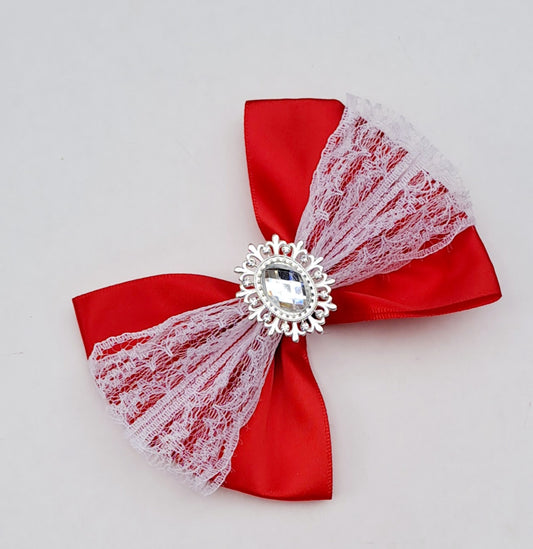🎀Red Satin Bow Clip With Lace And Silver Gem🎀