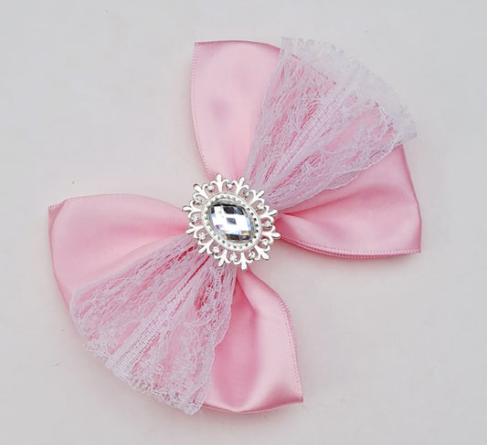 🎀Pink Satin Bow Clip With Lace And Silver Gem🎀
