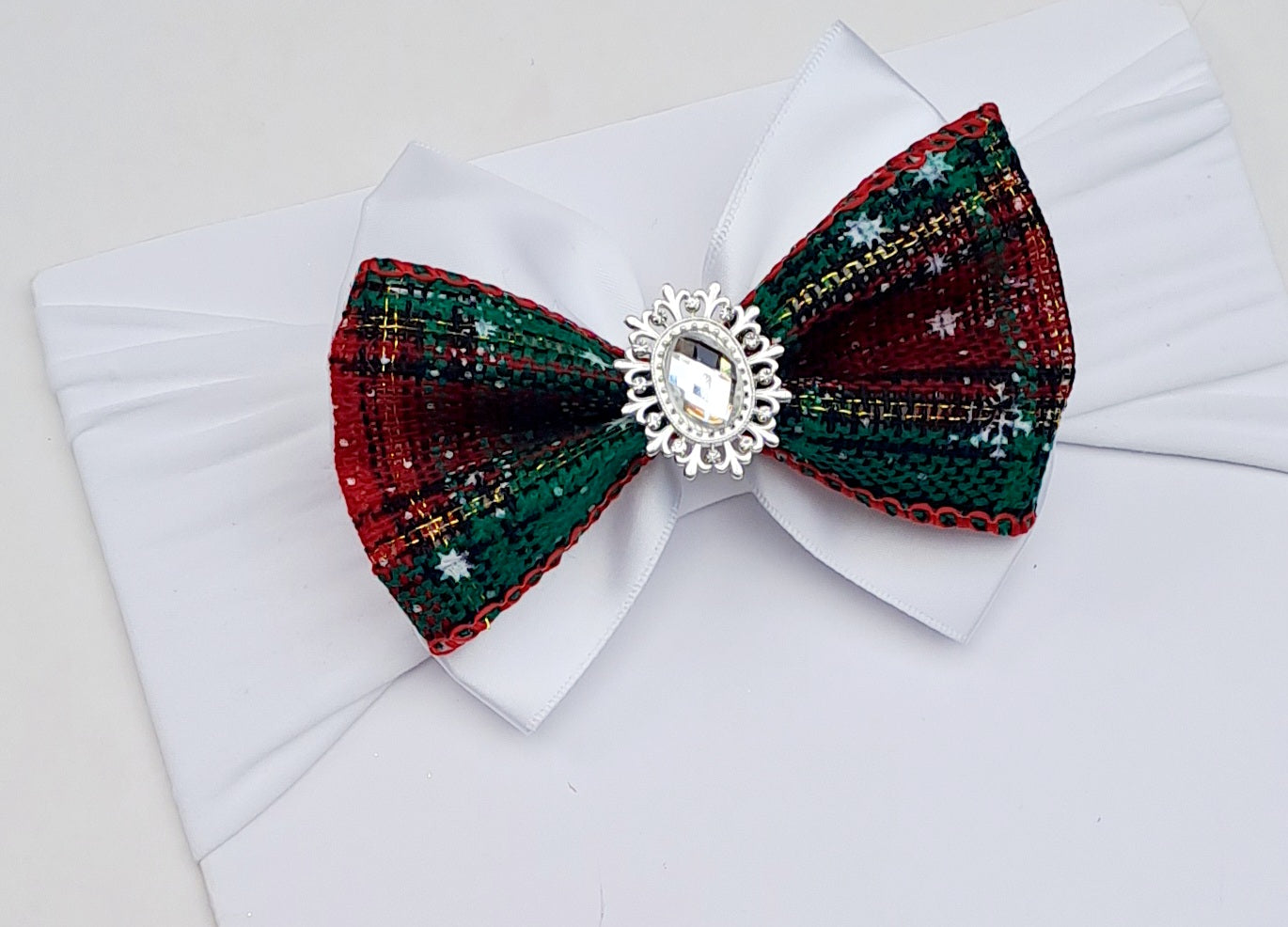 🎀White Satin Bow Headband With Christmas Ribbon And Silver Gem 🎀