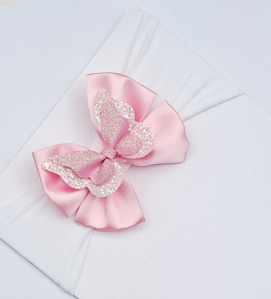 🎀Pink Satin Bow,Pink Glitter Butterfly Centre Headband🎀