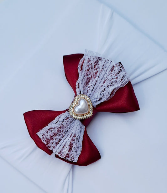 🎀Dark Red Satin Bow Headband With Lace and Gold Heart🎀