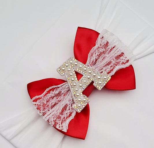 🎀Red Satin Initial Bow Headband With Lace🎀 Choose Letter