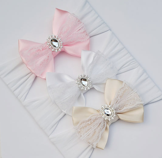 🎀3pc Satin Bow Headband Set With Lace And Silver Gem🎀