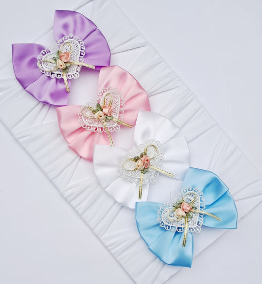 🎀Satin Bow Headband With Crochet Heart Centre 🎀 Choose Colour