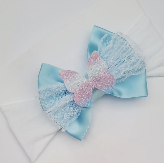 🎀Blue Satin Bow Headband With Lace And Ombre Butterfly🎀